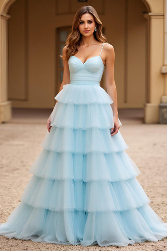 Sky Blue Ball Gown Tulle Tiered Sweetheart Long Prom Dress