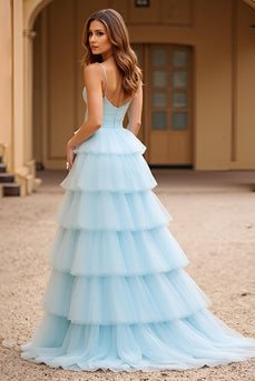 Sky Blue Ball Gown Tulle Tiered Sweetheart Long Prom Dress