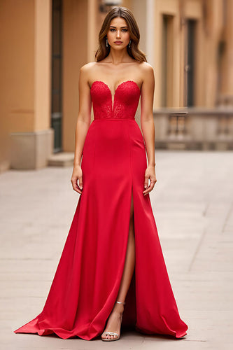 Red A Line Satin Strapless Long Prom Dress with Slit