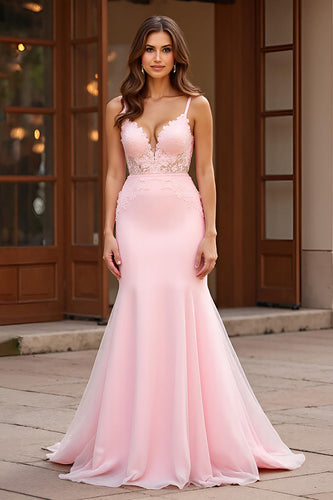 Pink Mermaid Spaghetti Straps Backless Long Prom Dress