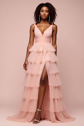 Pink Tulle A Line Tiered Backless Long Prom Dress with Slit