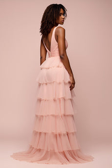 Pink Tulle A Line Tiered Backless Long Prom Dress with Slit