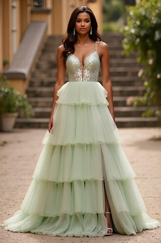 Light Green Tulle A Line V-Neck Tiered Long Prom Dress with Slit