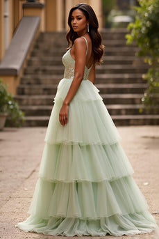 Light Green Tulle A Line V-Neck Tiered Long Prom Dress with Slit