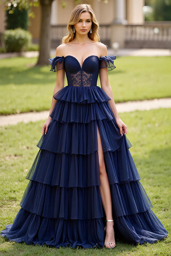 Navy A Line Tulle Off the Shoulder Long Prom Dress with Slit