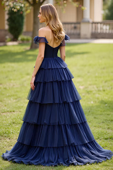 Navy A Line Tulle Off the Shoulder Long Prom Dress with Slit