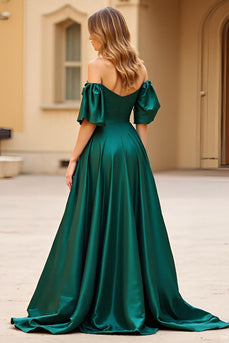 Dark Green Satin A Line Off the Shoulder Long Prom Dress with Slit