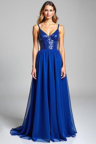 Royal Blue Chiffon A Line Backless Long Prom Dress