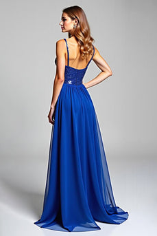 Royal Blue Chiffon A Line Backless Long Prom Dress