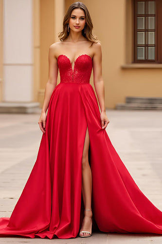 Red A Line Sweetheart Long Prom Dress with Slit