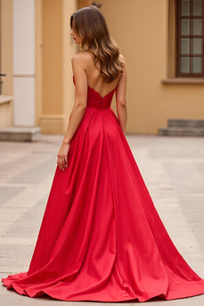 Red A Line Sweetheart Long Prom Dress with Slit