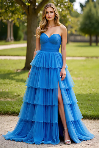 Blue A Line Tulle Strapless Tiered Long Prom Dress with Slit