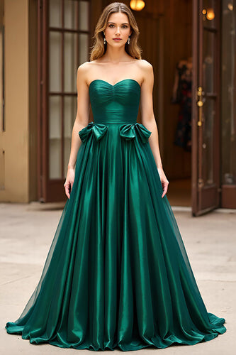 Dark Green A Line Satin Strapless Long Prom Dress with Bow