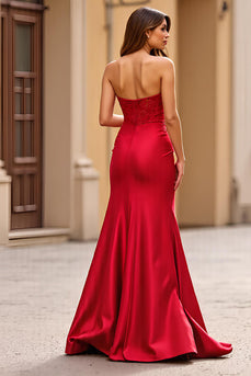 Sheath Red Strapless Sweetheart Long Prom Dress with Slit