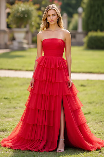 Red A Line Tulle Strapless Tiered Long Prom Dress with Slit