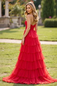 Red A Line Tulle Strapless Tiered Long Prom Dress with Slit