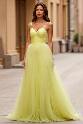 Yellow A Line Tulle V-Neck Long Prom Dress