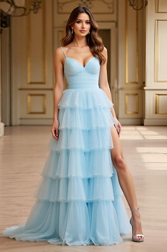 Sky Blue A Line Tulle Tiered Backless Long Prom Dress with Slit