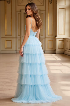 Sky Blue A Line Tulle Tiered Backless Long Prom Dress with Slit