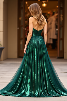 Sparkly Dark Green Satin A Line Strapless Long Prom Dress with Slit