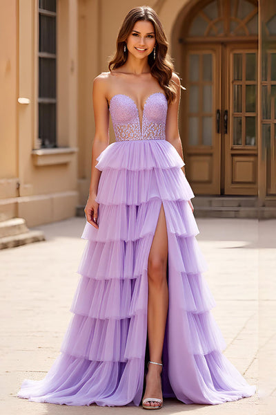 Lilac A Line Tulle Strapless Sweetheart Tiered Long Prom Dress with Slit