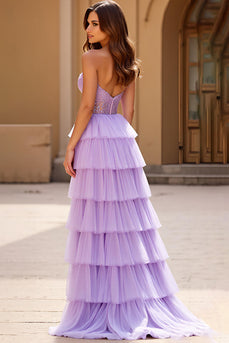 Lilac A Line Tulle Strapless Sweetheart Tiered Long Prom Dress with Slit