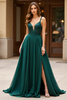 Load image into Gallery viewer, Dark Green A Line V-Neck Backless Chiffon Long Prom Dress with Slit