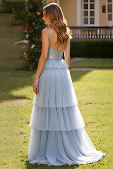 Grey Blue A Line Tulle Spaghetti Straps Tiered Long Prom Dress with Slit