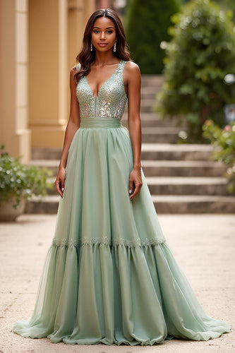 Dusty Sage A Line V-Neck Backless Long Prom Dress with Sequins