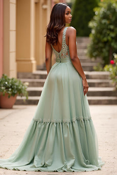 Dusty Sage A Line V-Neck Backless Long Prom Dress with Sequins