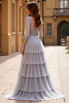 Grey A Line Tulle Backless V-Neck Tiered Long Prom Dress with Slit