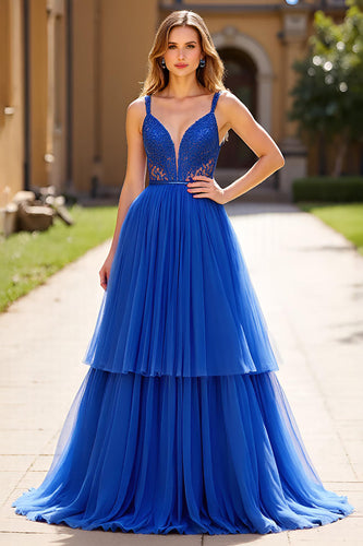 Royal Blue A Line Tulle Tiered V-Neck Long Prom Dress