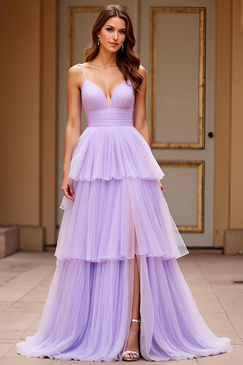 Load image into Gallery viewer, Lilac A Line Tulle V-Neck Long Prom Dress with Slit