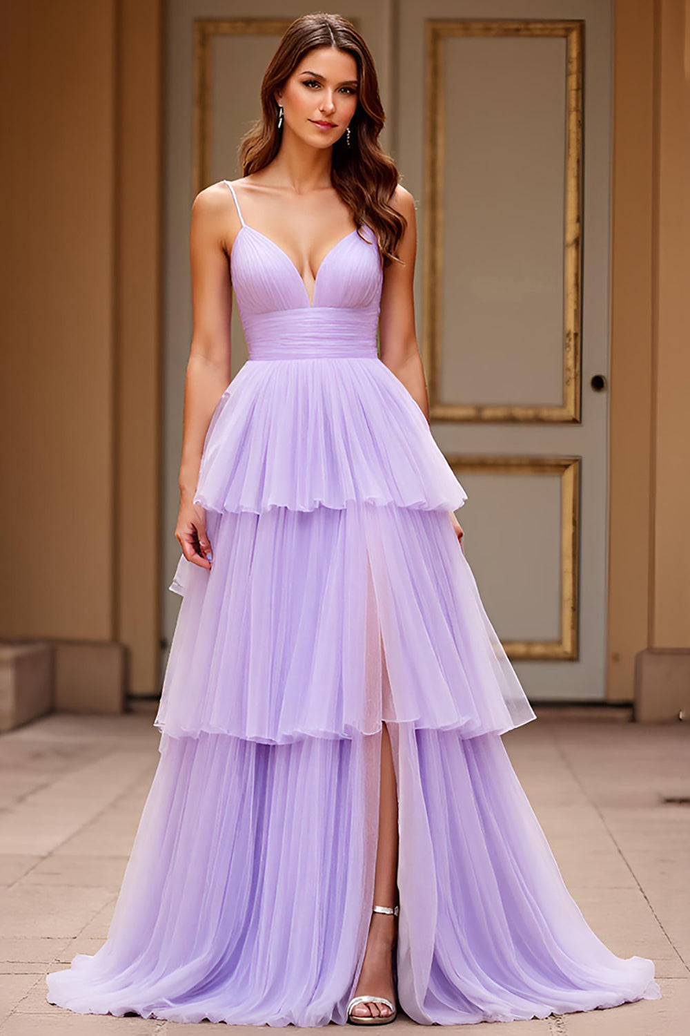 Lilac A Line Tulle V-Neck Long Prom Dress with Slit