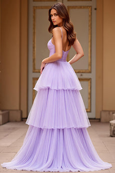 Lilac A Line Tulle V-Neck Long Prom Dress with Slit