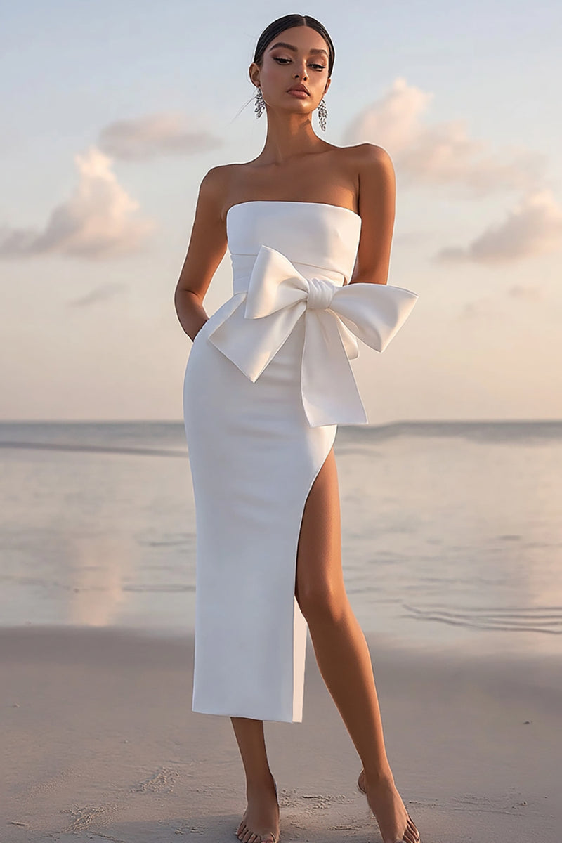 Load image into Gallery viewer, White Sheath Satin Strapless Long Graduation Dress with Slit