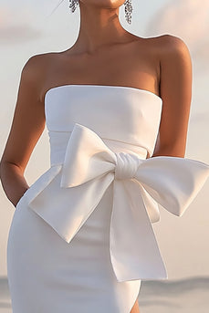 White Sheath Satin Strapless Long Graduation Dress with Slit