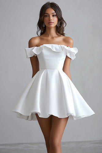 White A Line Satin Off the Shoulder Mini Graduation Dress with Ruffles