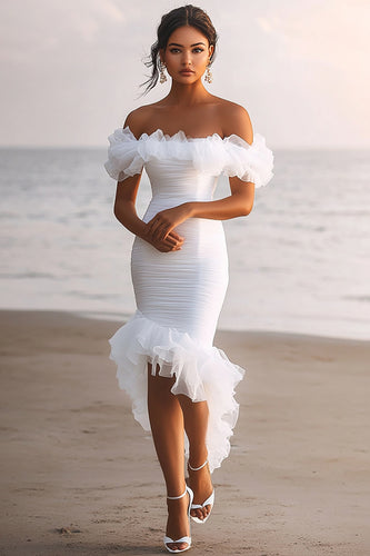 White Sheath Tulle Off the Shoulder Ruched Graduation Dress with Ruffles