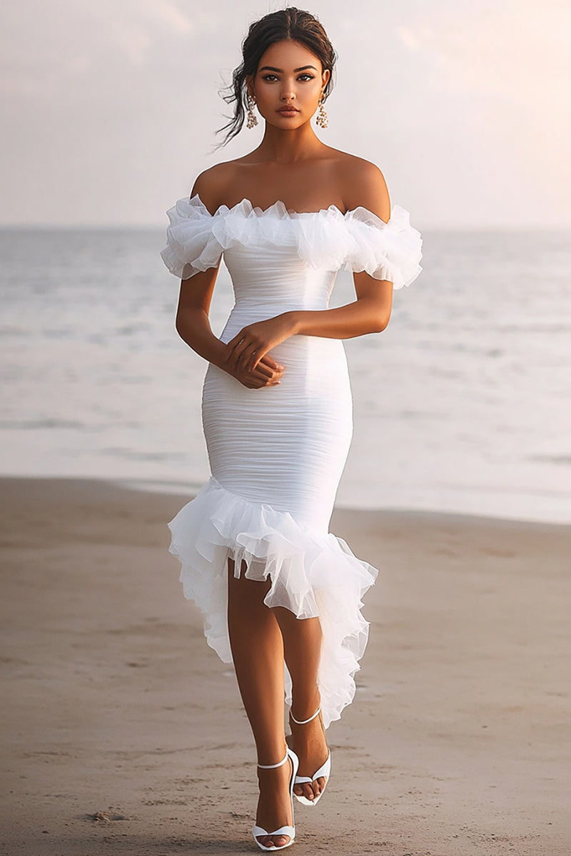 Load image into Gallery viewer, White Sheath Tulle Off the Shoulder Ruched Graduation Dress with Ruffles