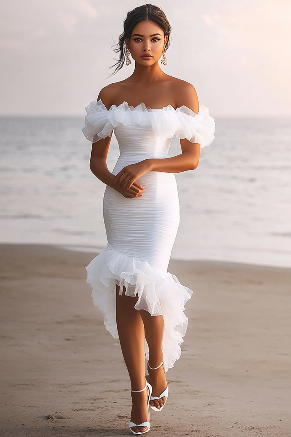 White Sheath Tulle Off the Shoulder Ruched Graduation Dress with Ruffles