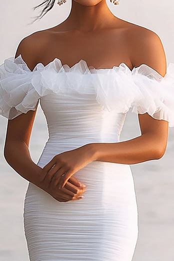 White Sheath Tulle Off the Shoulder Ruched Graduation Dress with Ruffles