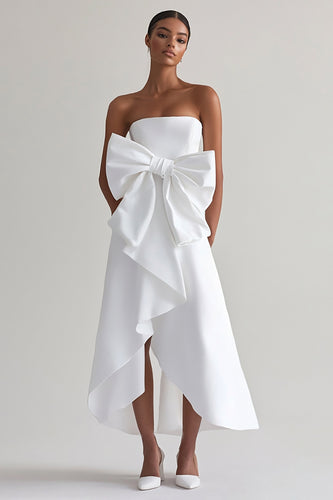 White A Line Satin Strapless High Low Graduation Dress with Bow