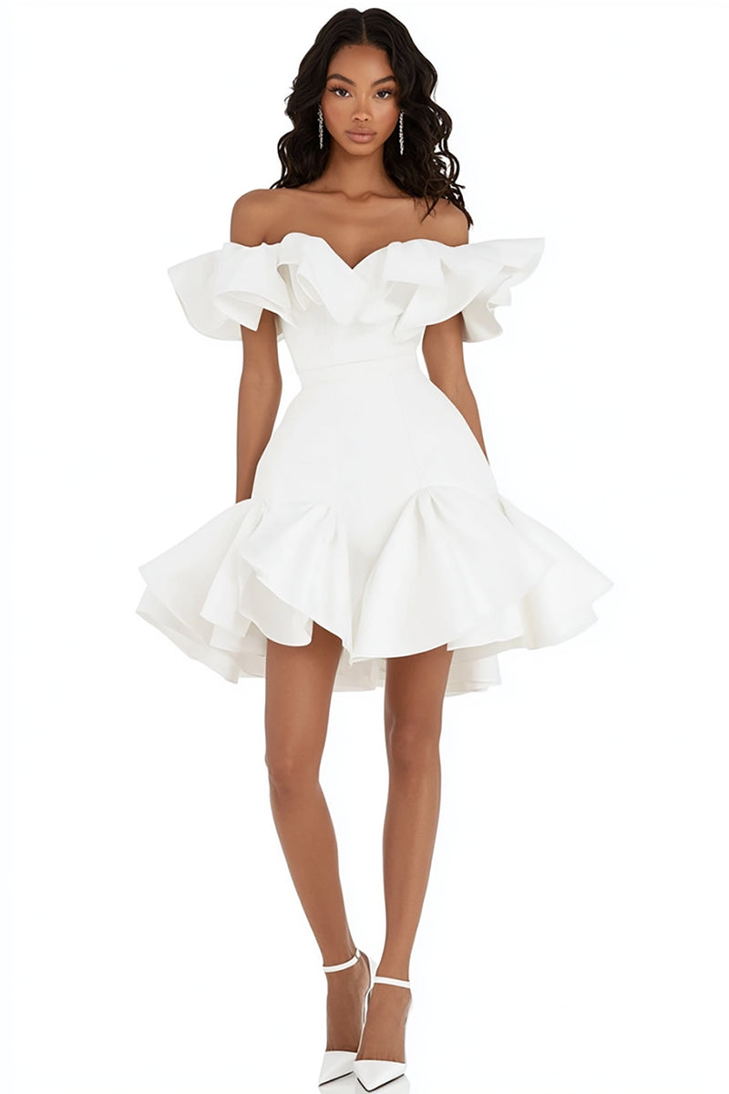 Load image into Gallery viewer, White Satin Off the Shoulder Mini Graduation Dress with Ruffles