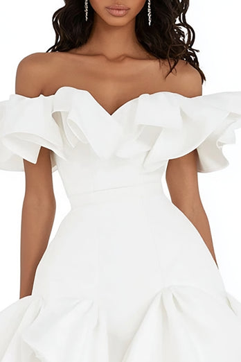 White Satin Off the Shoulder Mini Graduation Dress with Ruffles