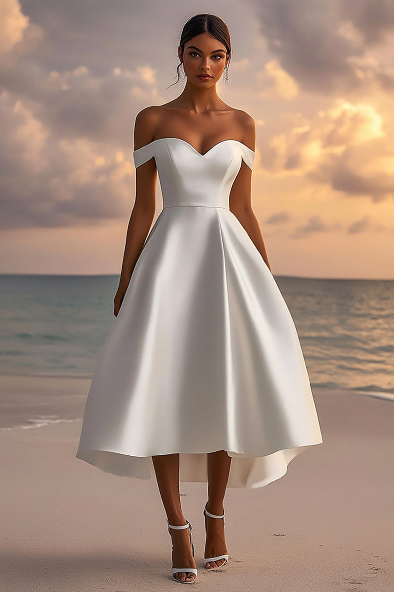 Load image into Gallery viewer, White A Line Satin Off the Shoulder Sweetheart Long Graduation Dress