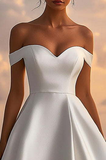 White A Line Satin Off the Shoulder Sweetheart Long Graduation Dress