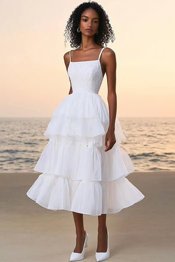 White A Line Tiered Spaghetti Straps Long Tulle Graduation Dress