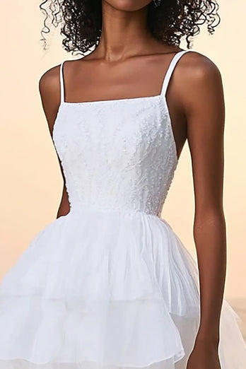 White A Line Tiered Spaghetti Straps Long Tulle Graduation Dress