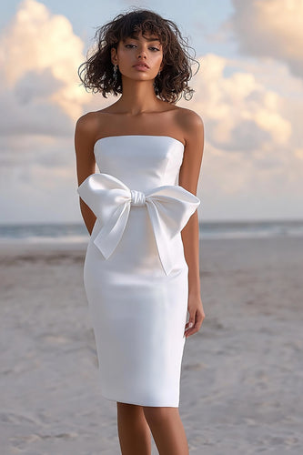 White Bodycon Satin Strapless Long Graduation Dress with Bow